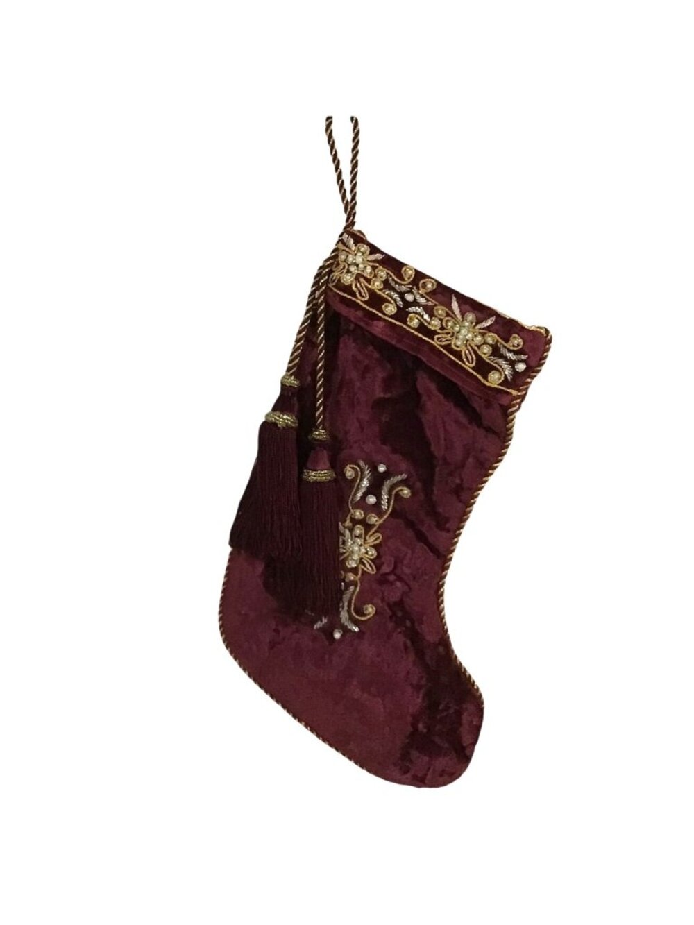 Velvet Burgundy Christmas Stocking Gold Embroidery Pearl Accents Tassel Trim